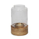 Hurricane Candle Holder, 10" Round Glass, Gold, Brown Wood