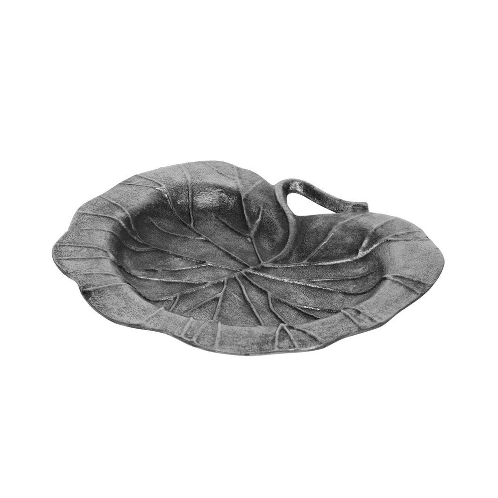 Decorative Leaf Plate, 12 Inch Textured Floral, Dark Gray Aluminium