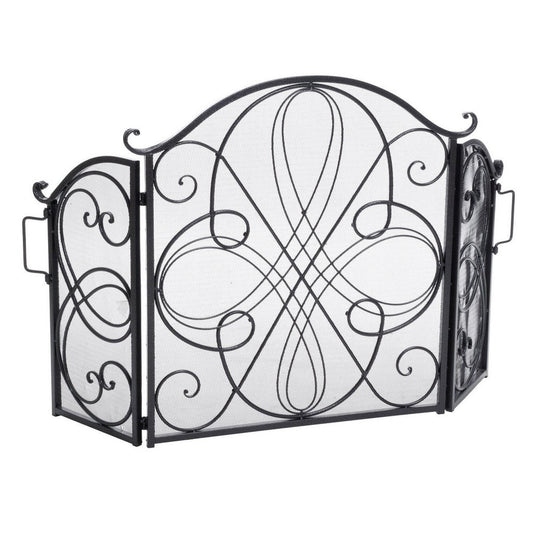 Fireplace Screen 57 Inch, 3 Panel Scrolled Mesh, Black Silver Iron
