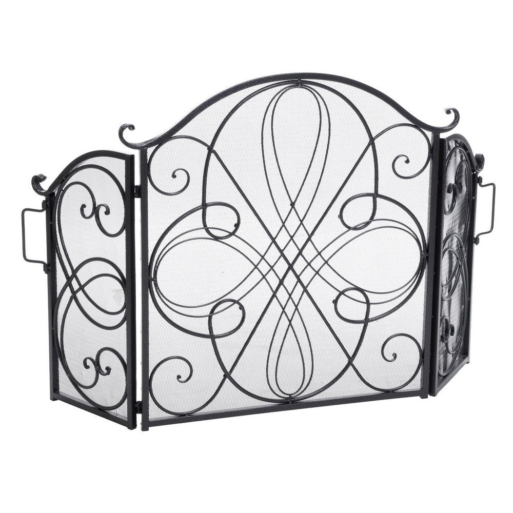 Fireplace Screen 57 Inch, 3 Panel Scrolled Mesh, Black Silver Iron