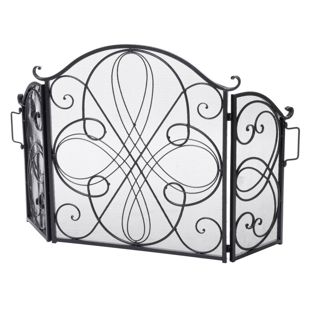 Fireplace Screen, 3 Panel 57" Scrolled Mesh Black Iron