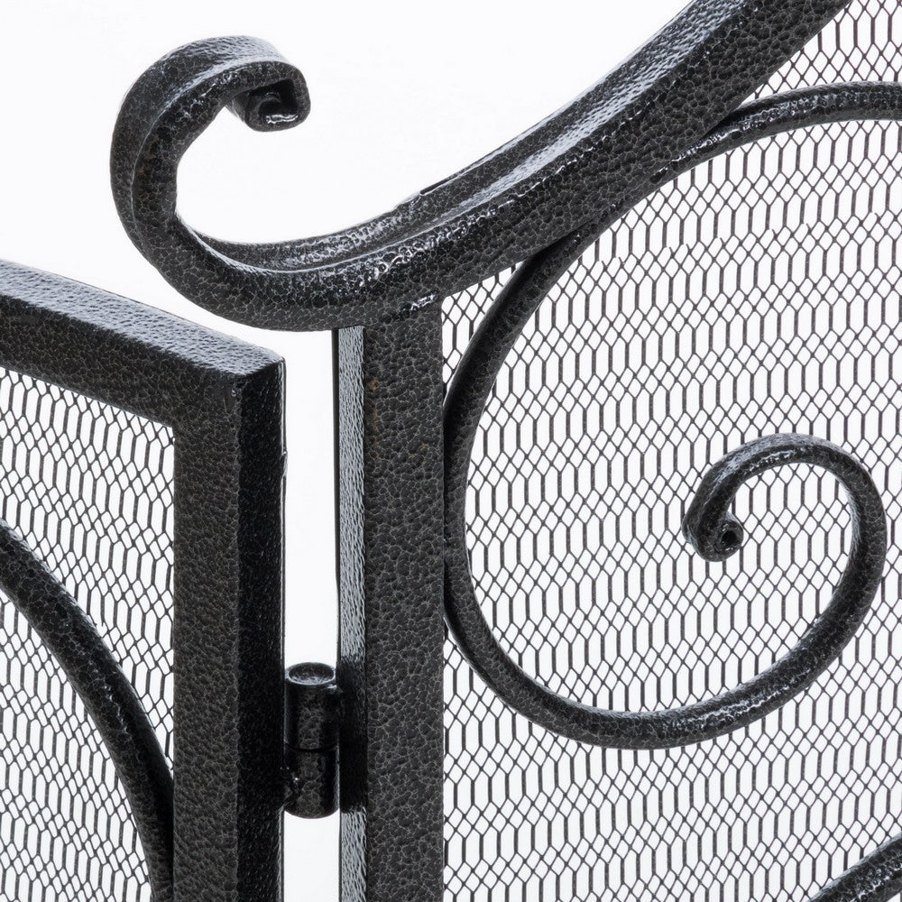Fireplace Screen, 3 Panel 57" Scrolled Mesh Black Iron