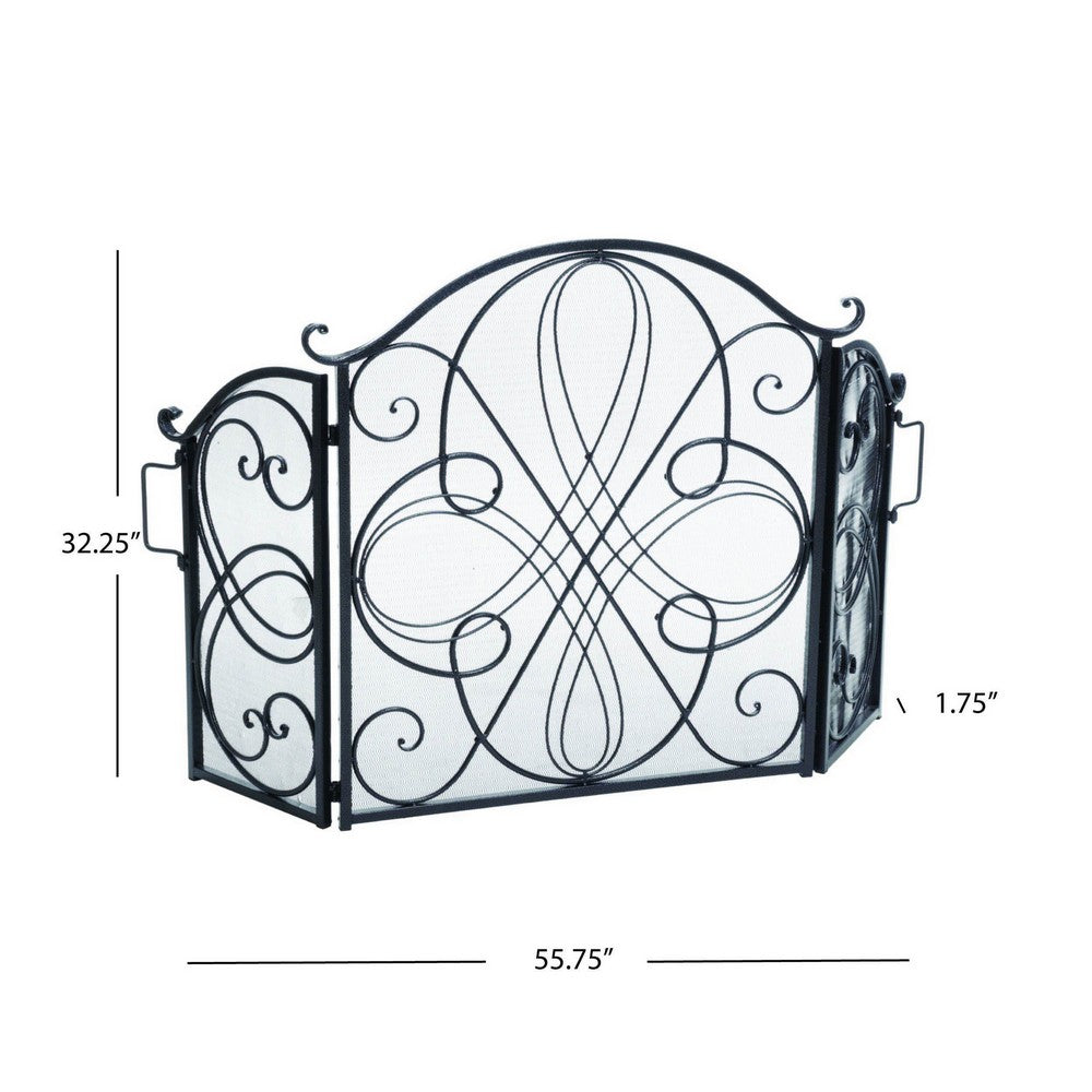 Fireplace Screen, 3 Panel 57" Scrolled Mesh Black Iron
