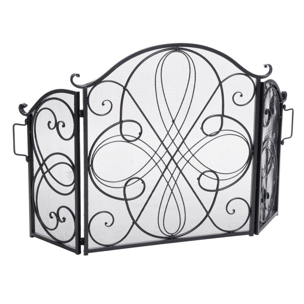 Fireplace Screen, 3 Panel 57" Scrolled Mesh Black Iron