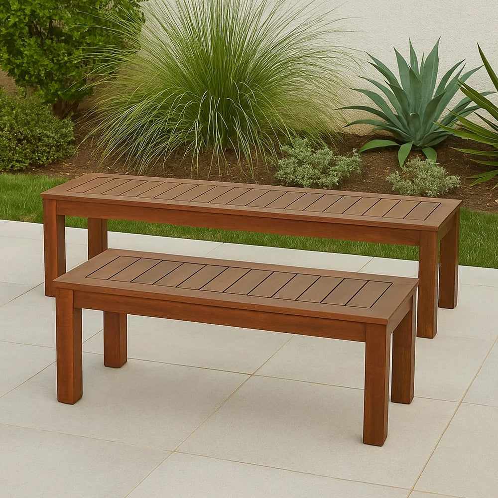 Feya Outdoor Bench Set of 2, 62" Smooth Brown Acacia Wood