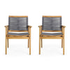 Outdoor Dining Chair Set of 2, 35 Inch Gray Woven, Brown Acacia Wood