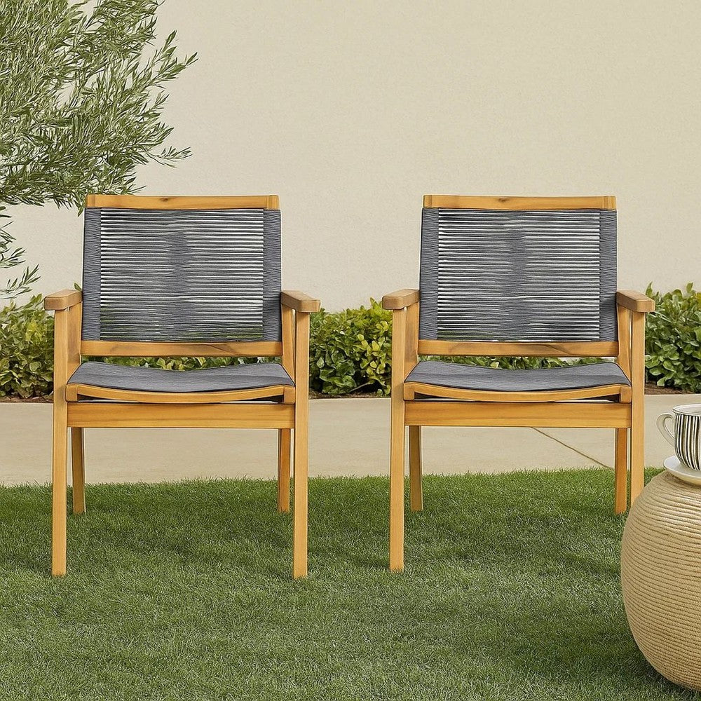 Outdoor Dining Chair Set of 2, 35 Inch Gray Woven, Brown Acacia Wood