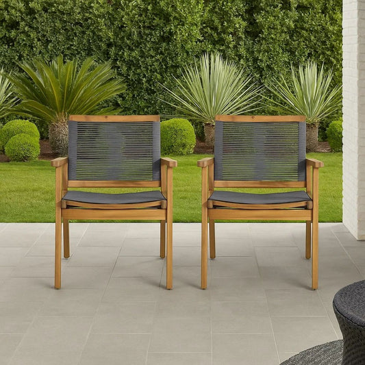 Outdoor Dining Chair Set of 2, 35 Inch Gray Woven, Brown Acacia Wood