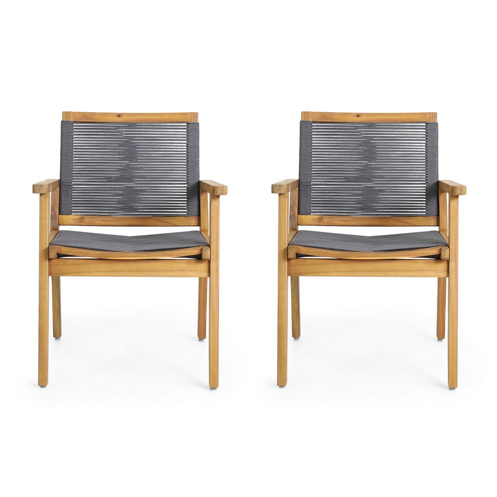 Outdoor Dining Chair Set of 2, Woven Gray, Brown Acacia Wood