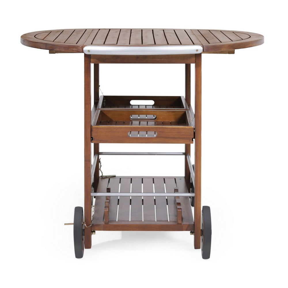 Rolling Bar Cart, 36" 3 Tier Design, Oak Brown Wood, Silver