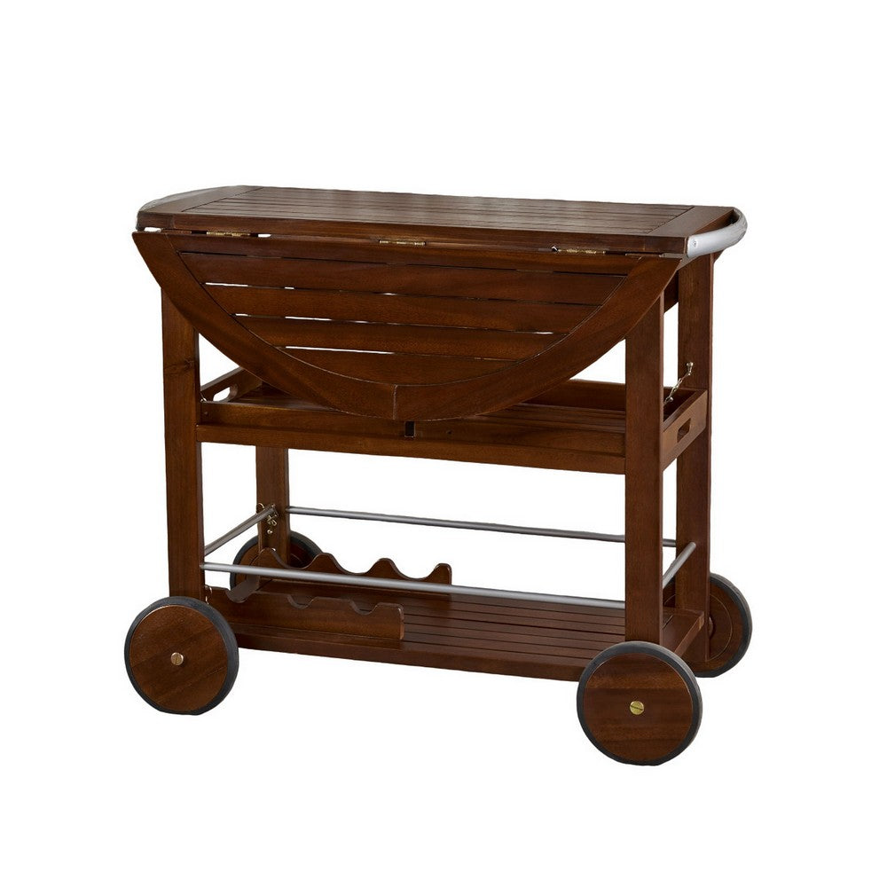 Rolling Bar Cart, 36" 3 Tier Design, Oak Brown Wood, Silver