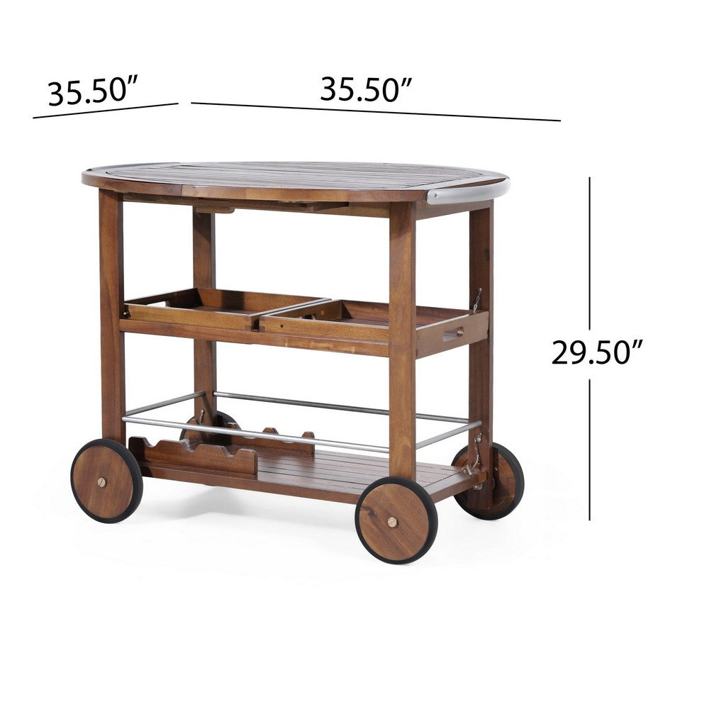 Rolling Bar Cart, 36" 3 Tier Design, Oak Brown Wood, Silver