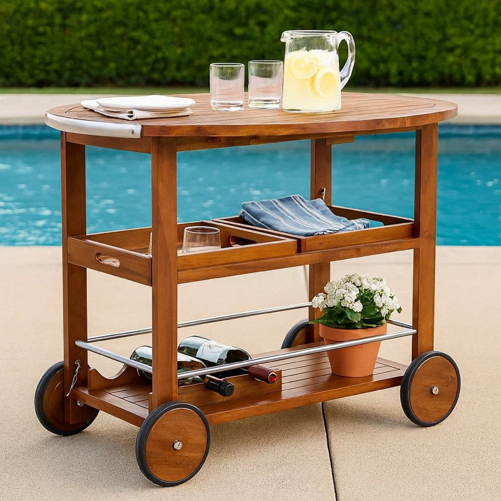Rolling Bar Cart, 36" 3 Tier Design, Oak Brown Wood, Silver