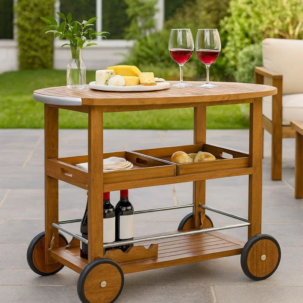 Rolling Bar Cart, 36" 3 Tier Design, Oak Brown Wood, Silver