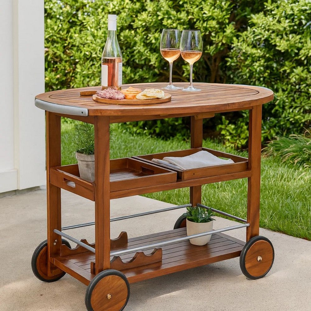 Rolling Bar Cart, 36" 3 Tier Design, Oak Brown Wood, Silver