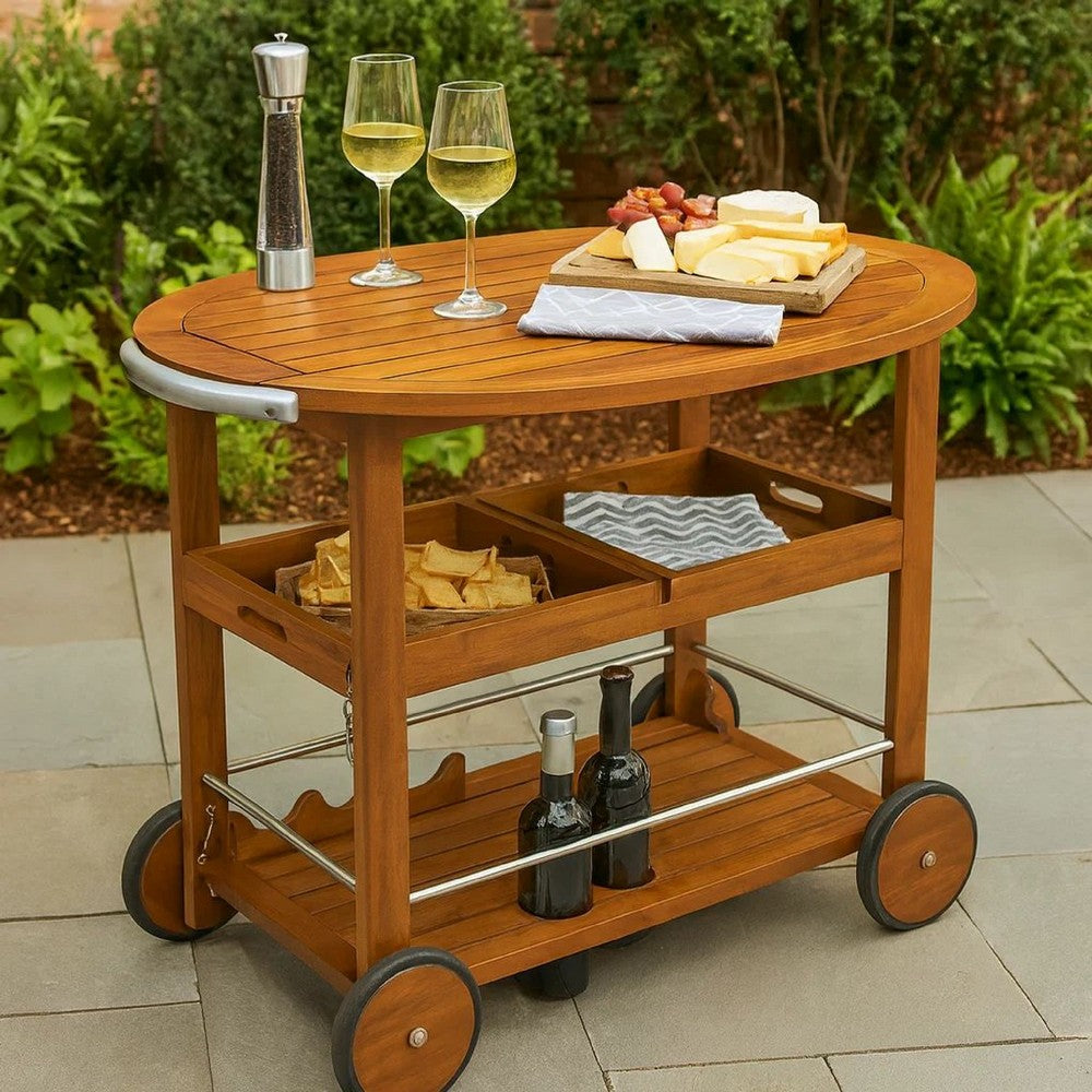 Rolling Bar Cart, 36" 3 Tier Design, Oak Brown Wood, Silver