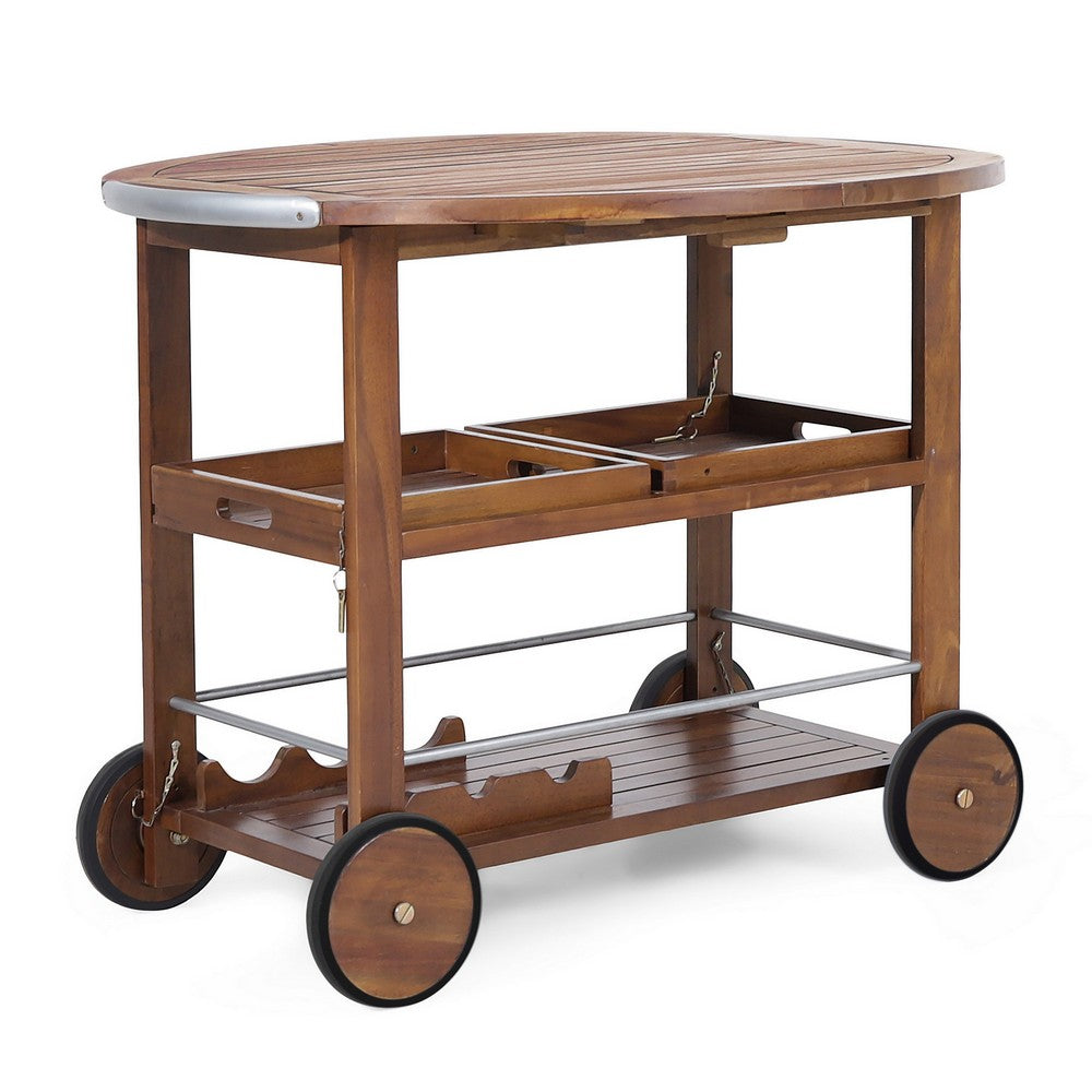 Rolling Bar Cart, 36" 3 Tier Design, Oak Brown Wood, Silver