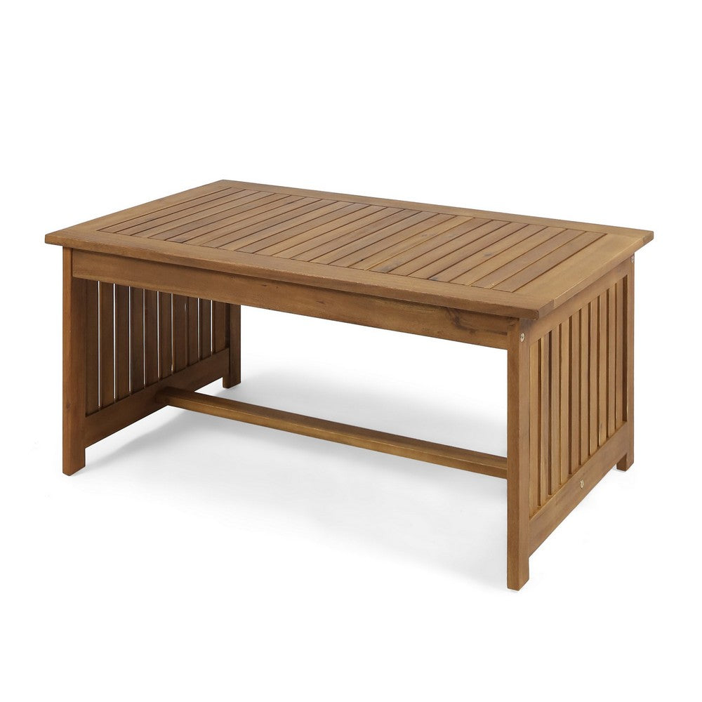 Gerry Outdoor Coffee Table, 40 Inch Rectangular Slat Brown Acacia Wood