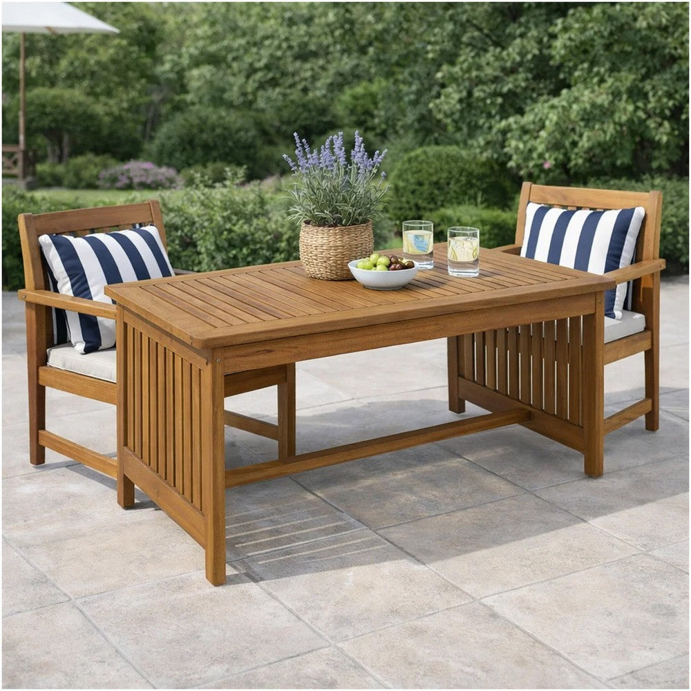 Gerry Outdoor Coffee Table, 40 Inch Rectangular Slat Brown Acacia Wood