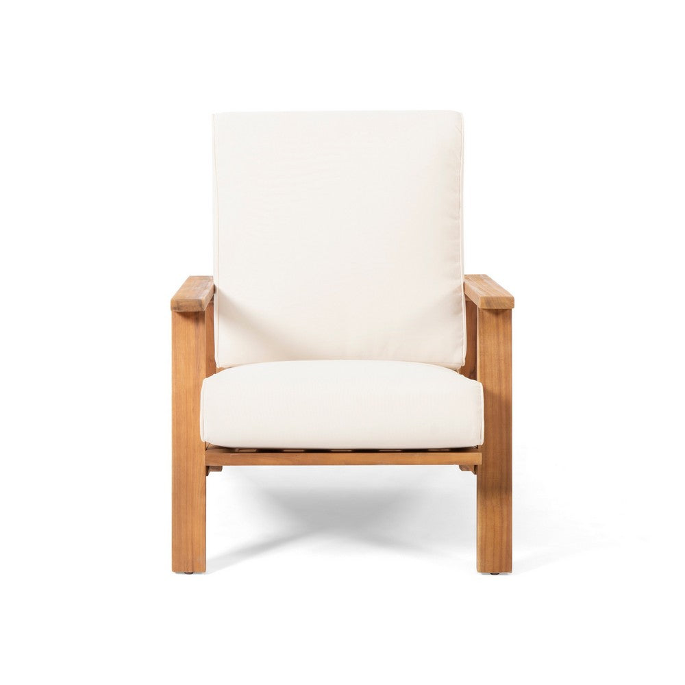 Outdoor Accent Chair, 39"  Brown Acacia Wood, Beige Cushions