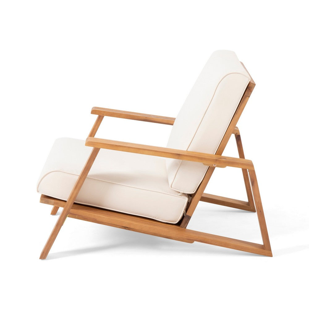 Outdoor Accent Chair, 39"  Brown Acacia Wood, Beige Cushions