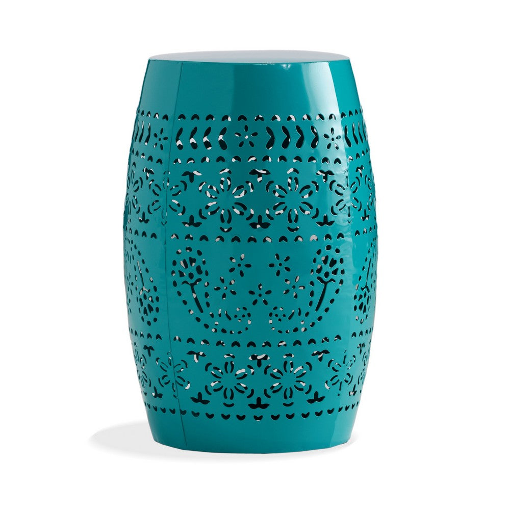 Outdoor Garden Stool Side Table, Lace-Cut 12'' Teal Iron Barrel