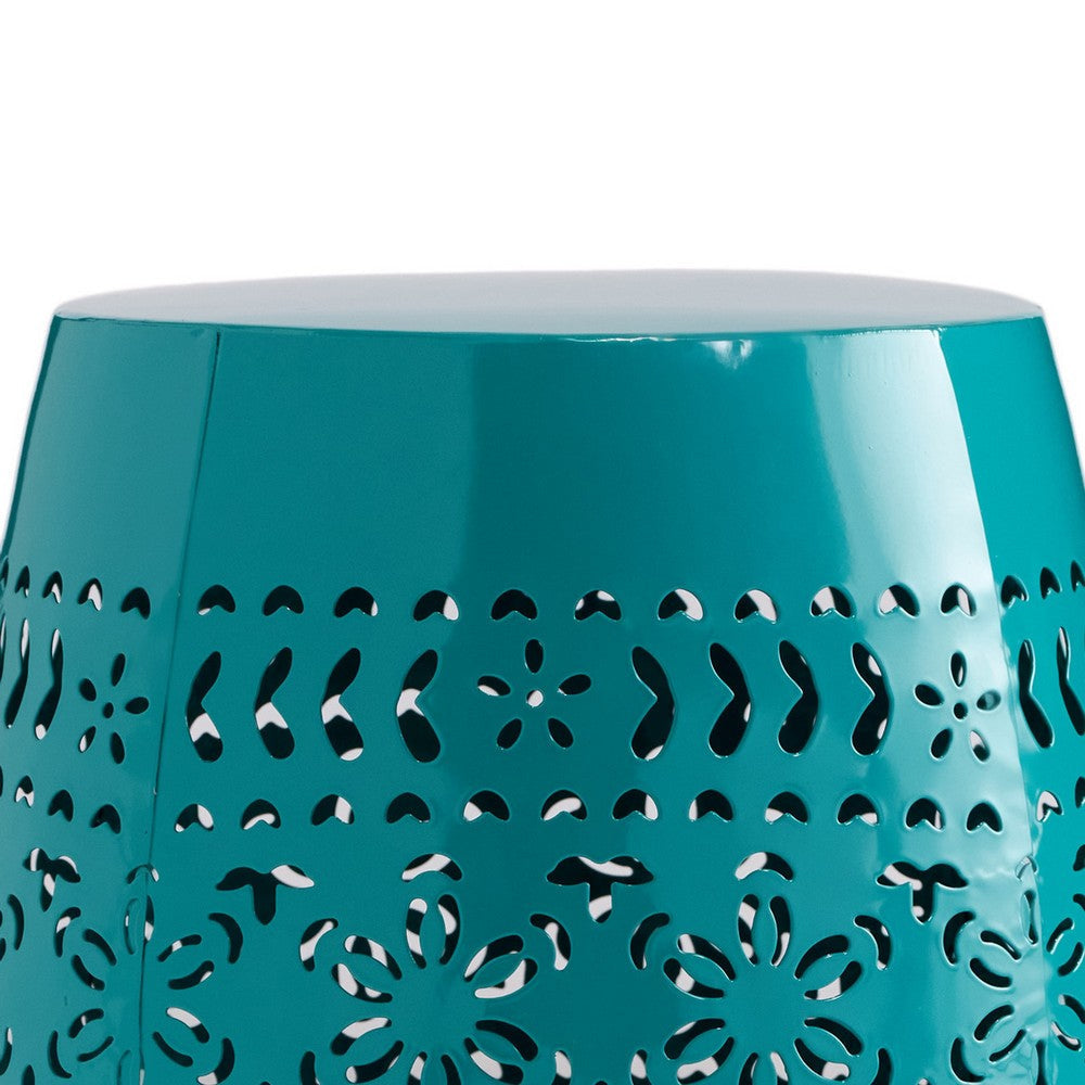 Outdoor Garden Stool Side Table Lace-Cut 12 Inch Top Teal Iron BM323847
