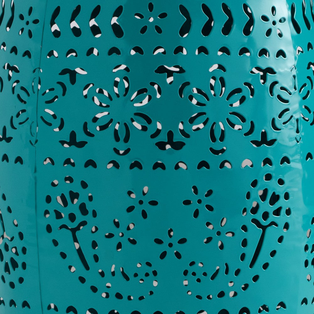 Outdoor Garden Stool Side Table, Lace-Cut 12'' Teal Iron Barrel