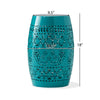 Outdoor Garden Stool Side Table, Lace-Cut 12'' Teal Iron Barrel