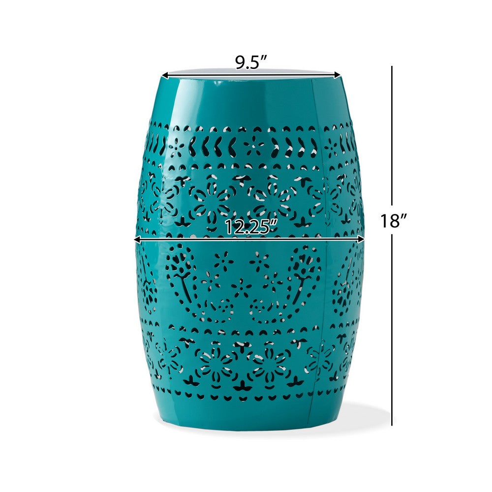 Outdoor Garden Stool Side Table, Lace-Cut 12'' Teal Iron Barrel