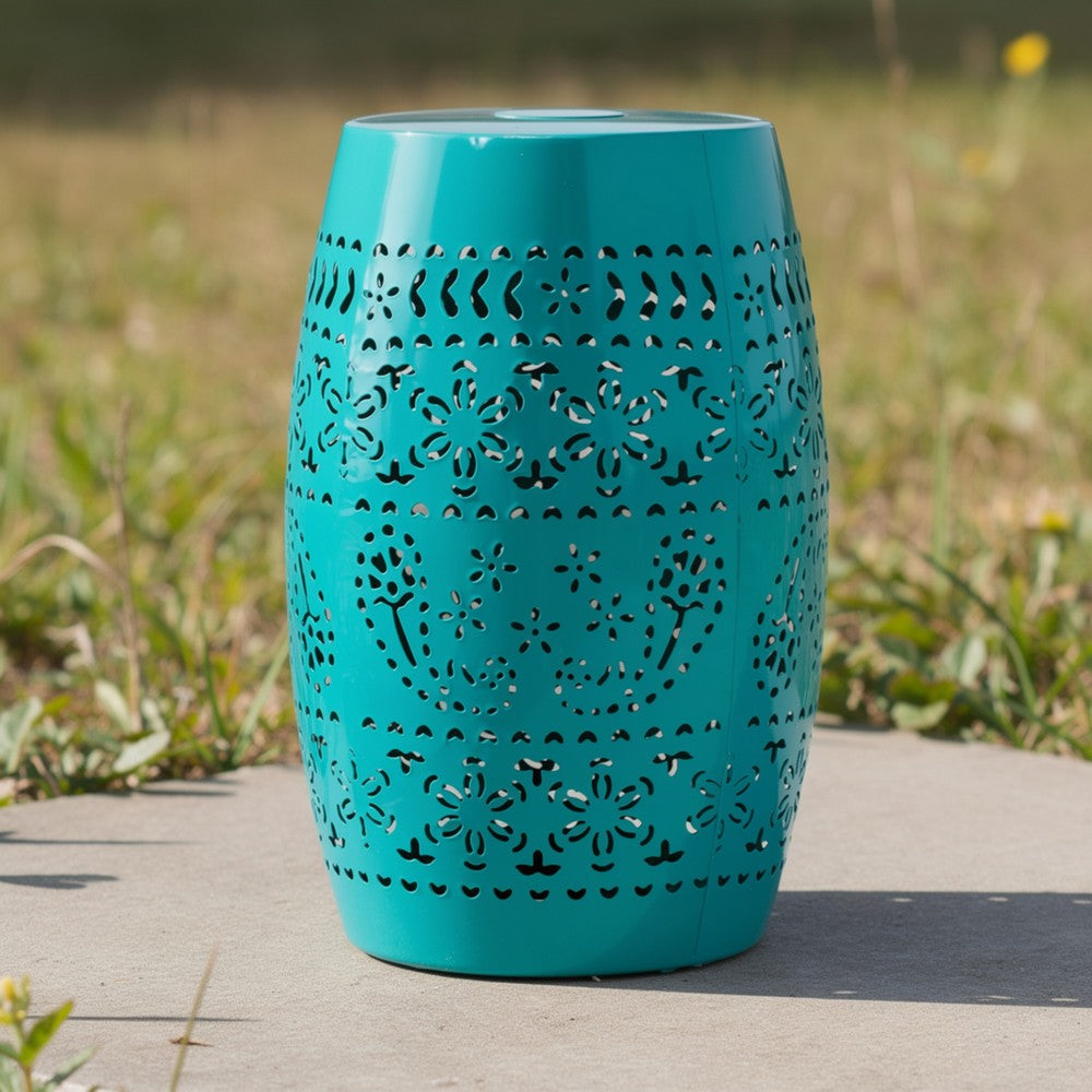 Outdoor Garden Stool Side Table, Lace-Cut 12'' Teal Iron Barrel