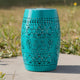 Outdoor Garden Stool Side Table, Lace-Cut 12'' Teal Iron Barrel