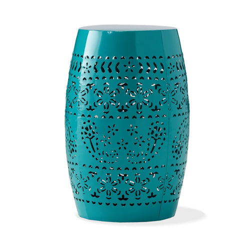 Outdoor Garden Stool Side Table, Lace-Cut 12'' Teal Iron Barrel
