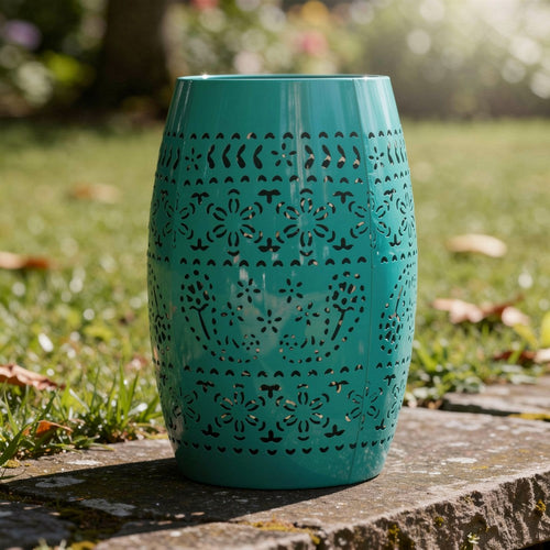 Outdoor Garden Stool Side Table, Lace-Cut 12'' Teal Iron Barrel