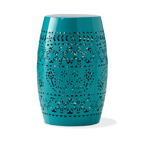 Outdoor Garden Stool Side Table, Lace-Cut 12 Inch Top, Teal Iron