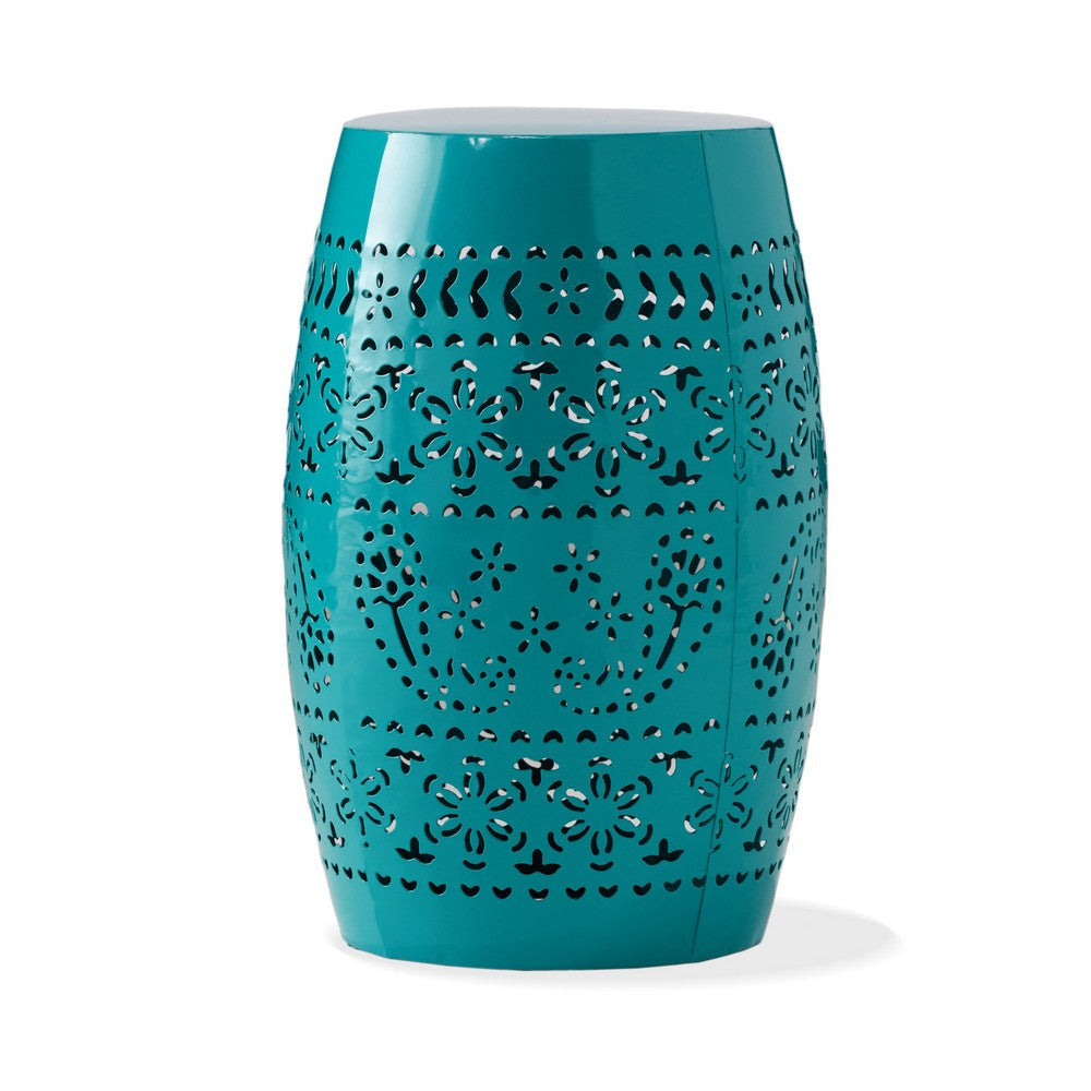 Outdoor Garden Stool Side Table, Lace-Cut 12 Inch Top, Teal Iron