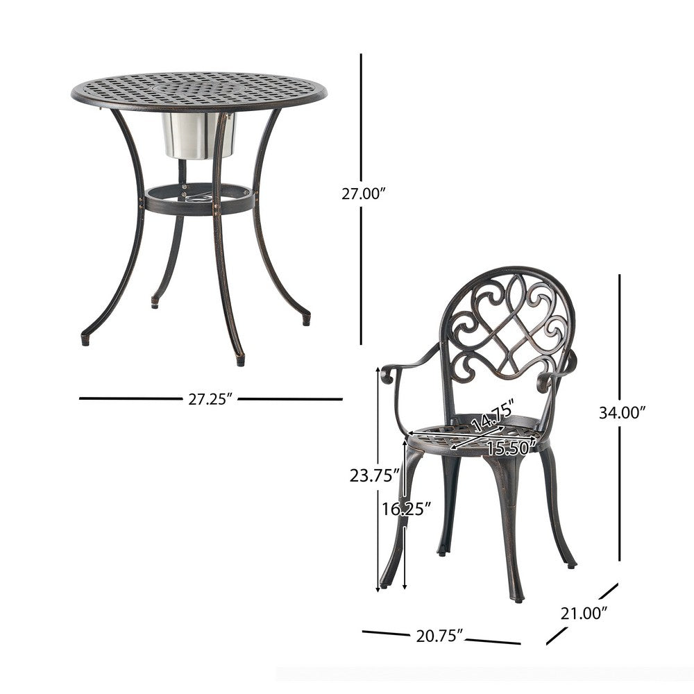 Outdoor Bistro Table Set, 2 Chairs, Ice Bucket, Copper