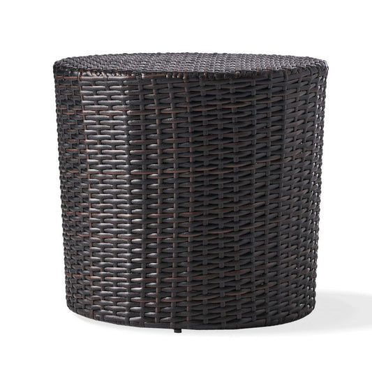 Olum Outdoor End Table, Barrel Shaped Wicker, 18 Inch Brown PE Rattan