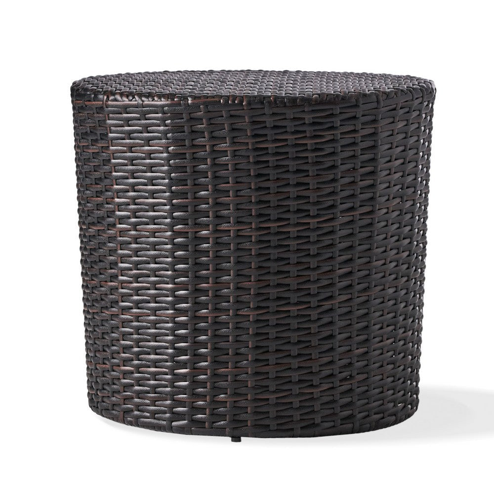 Olum Outdoor End Table, Barrel Shaped Wicker, 18 Inch Brown PE Rattan