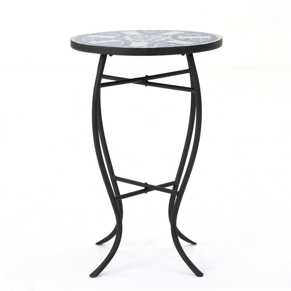 Outdoor Side End Table, 14'' Blue White Mosaic Ceramic Top