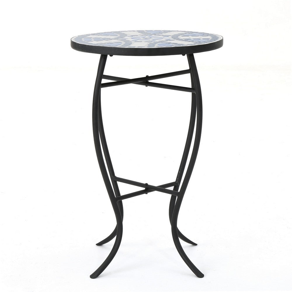 Outdoor Side End Table 14 Inch Round Blue White Mosaic Ceramic Top BM323855