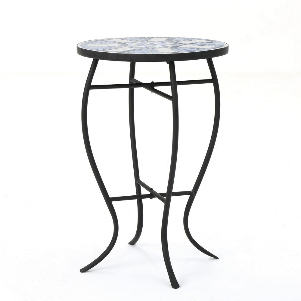 Outdoor Side End Table 14 Inch Round Blue White Mosaic Ceramic Top BM323855