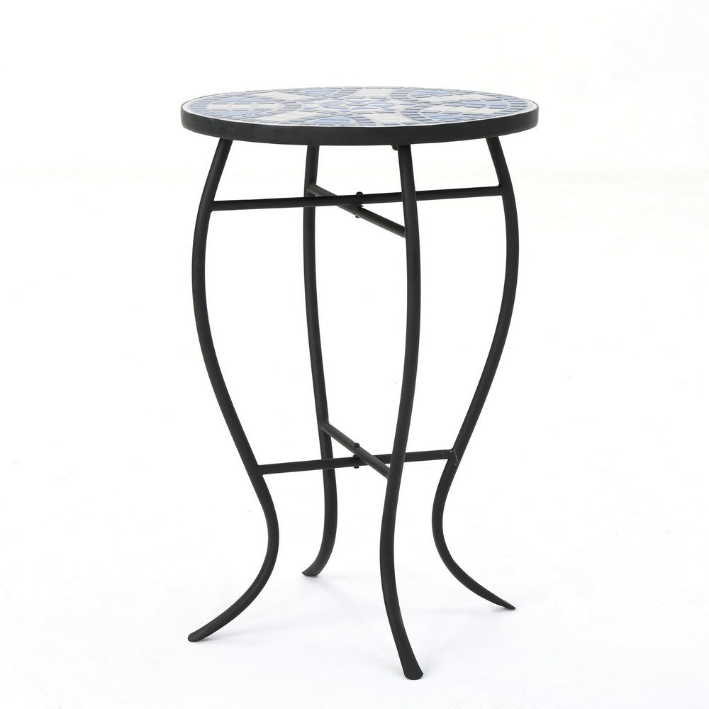 Outdoor Side End Table, 14'' Blue White Mosaic Ceramic Top