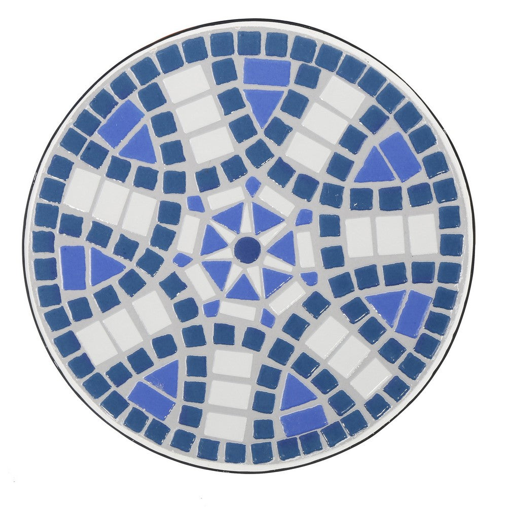 Outdoor Side End Table, 14'' Blue White Mosaic Ceramic Top