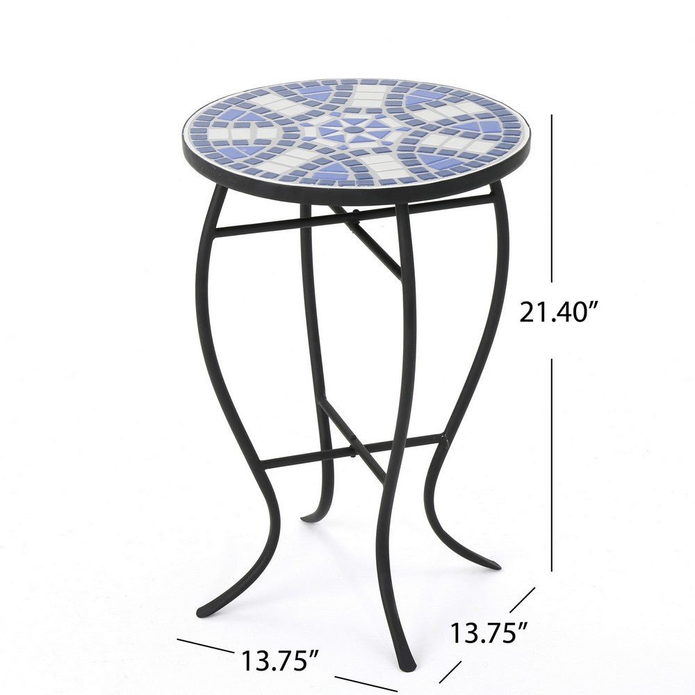 Outdoor Side End Table, 14'' Blue White Mosaic Ceramic Top