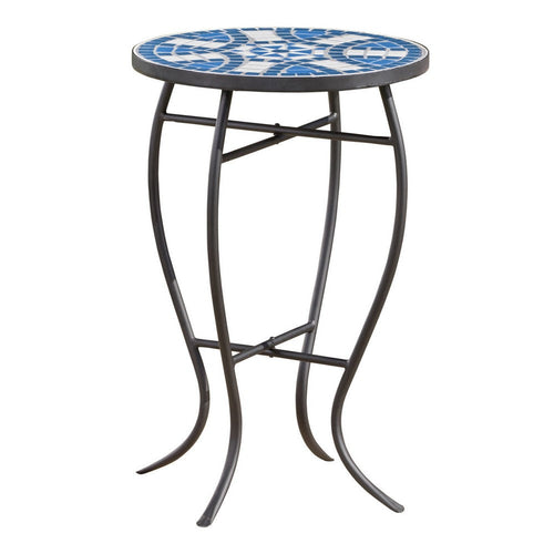 Outdoor Side End Table, 14 Inch Round Blue, White Mosaic Ceramic Top