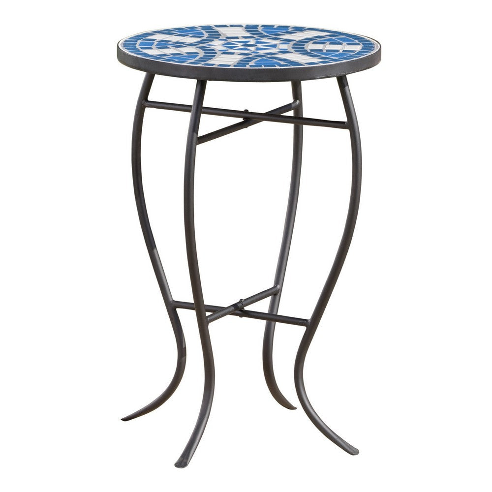 Outdoor Side End Table, 14 Inch Round Blue, White Mosaic Ceramic Top