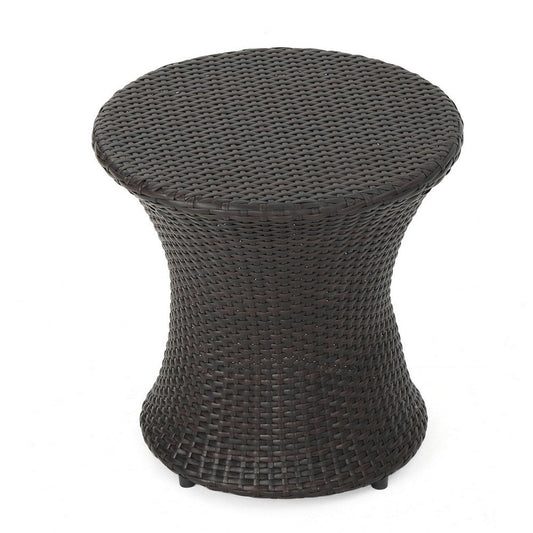 Loco Outdoor Side Table, Hourglass Shape 20 Inch Brown Rattan Wicker