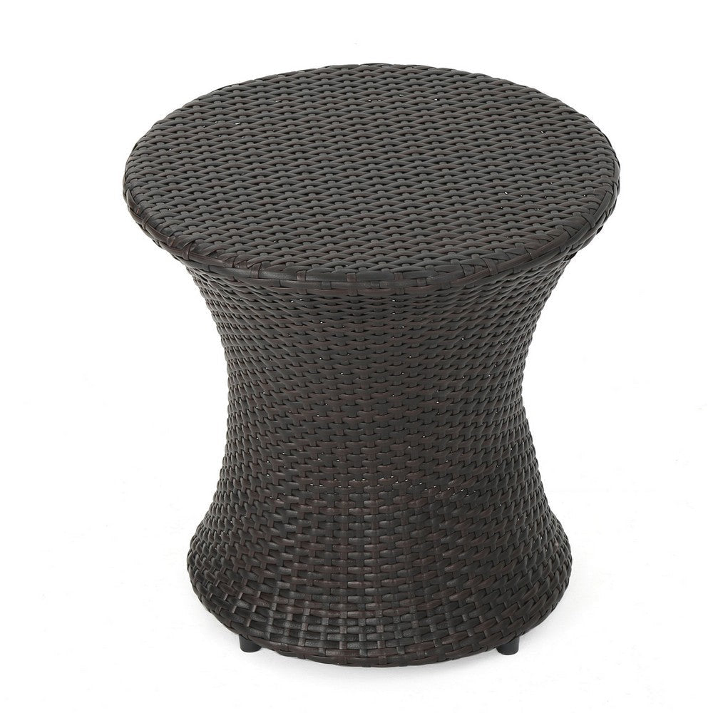 Loco Outdoor Side Table, Hourglass Shape 20 Inch Brown Rattan Wicker