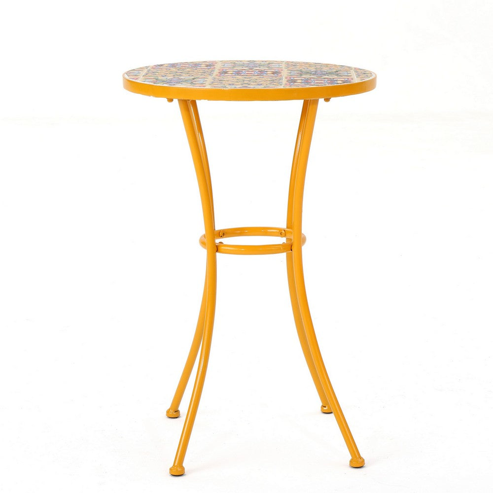 Outdoor Side Table, 14'' Round Yellow Ceramic, Orange Iron